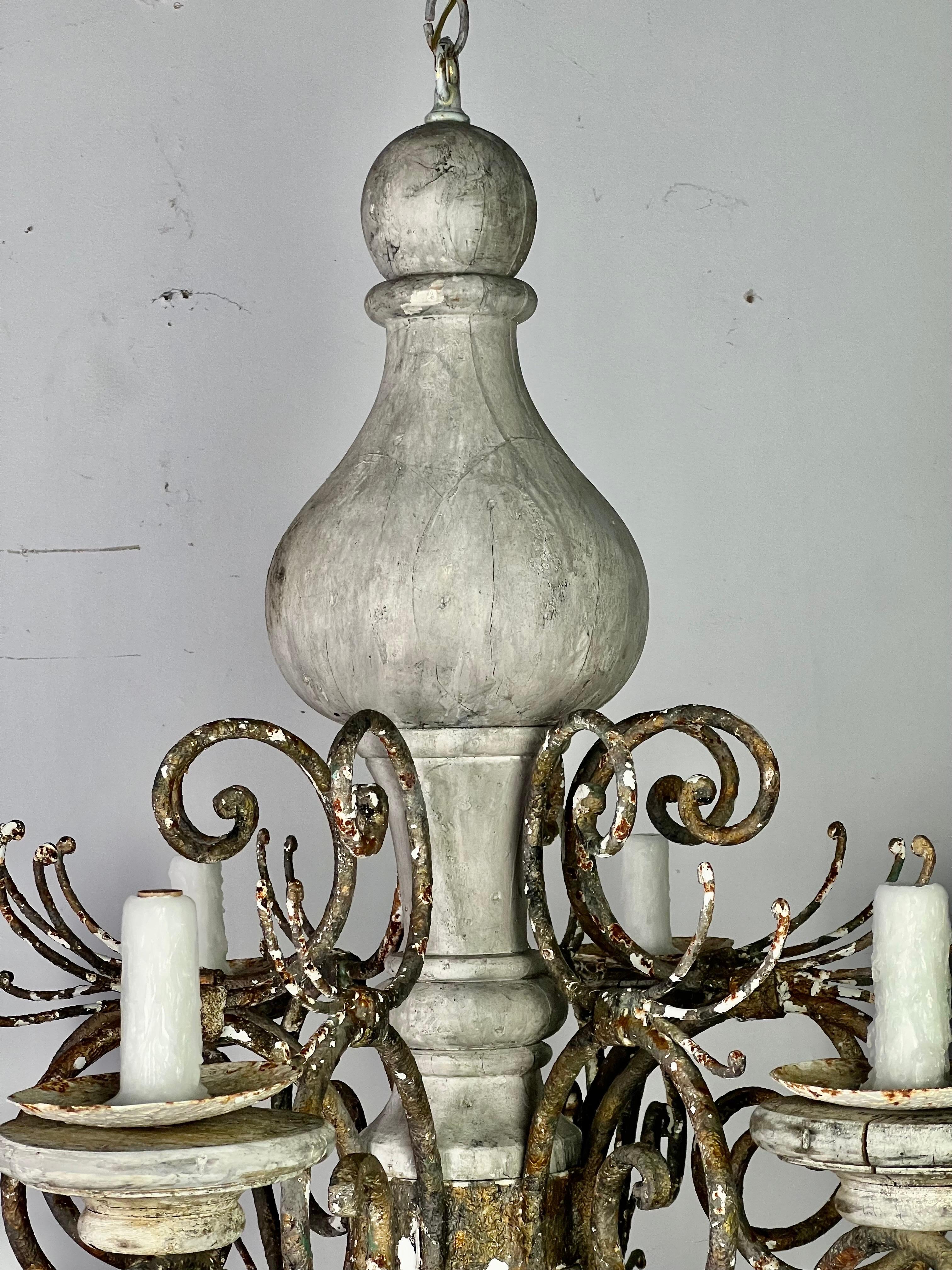 Gustavian Monumental Painted Wood & Iron Swedish Chandelier  For Sale