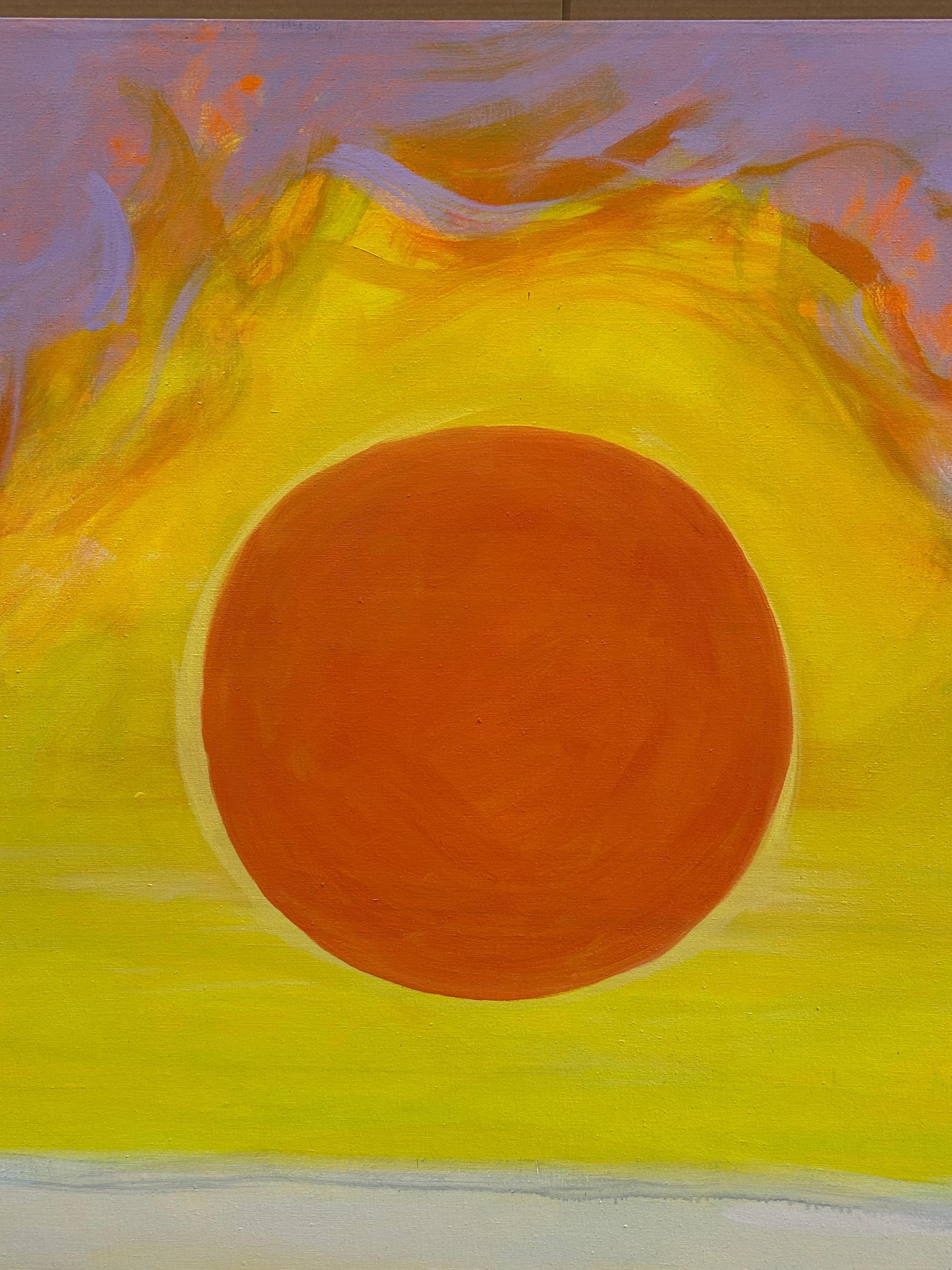 Nambe aus der Serie Santa Fe, unglaubliches, sehr großes grafisches Gemälde einer riesigen orangefarbenen Sonne über einer violetten Landschaft.  Der berühmte Princeton-Künstler Thomas George hat das Werk kraftvoll gestaltet.

Thomas George