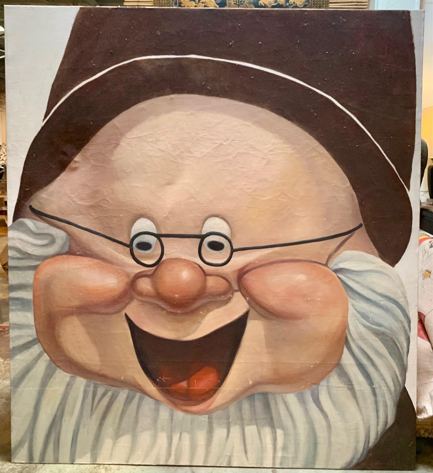 Monumental oil painting of Doc from Snow White on a large canvas.