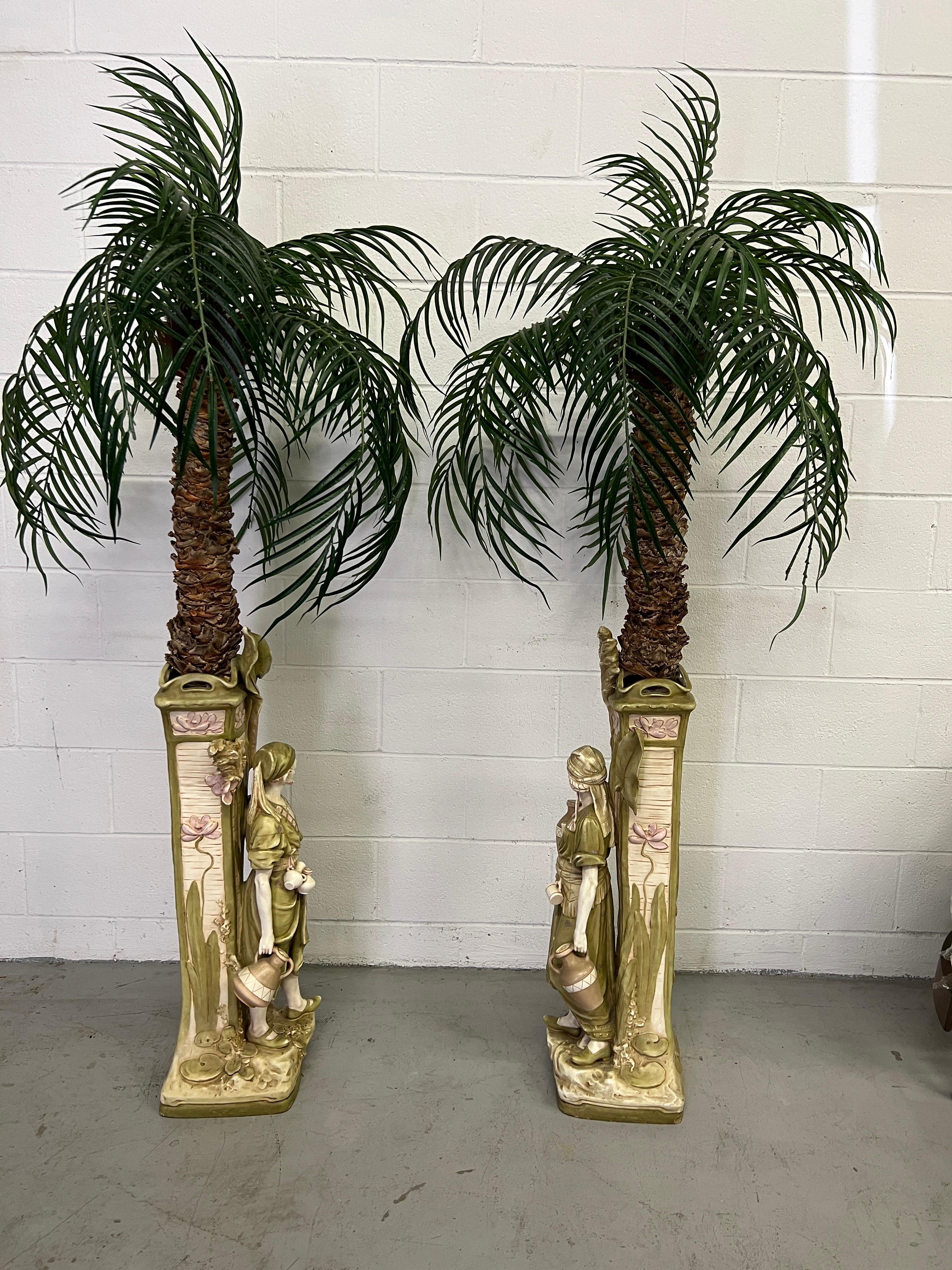 Monumental Pair, Antique Amphora Arabian Figural Jardinieres W/ Faux Palm Trees  For Sale 6