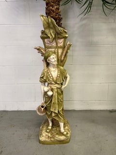 Monumental Pair, Antique Amphora Arabian Figural Jardinieres W/ Faux Palm Trees