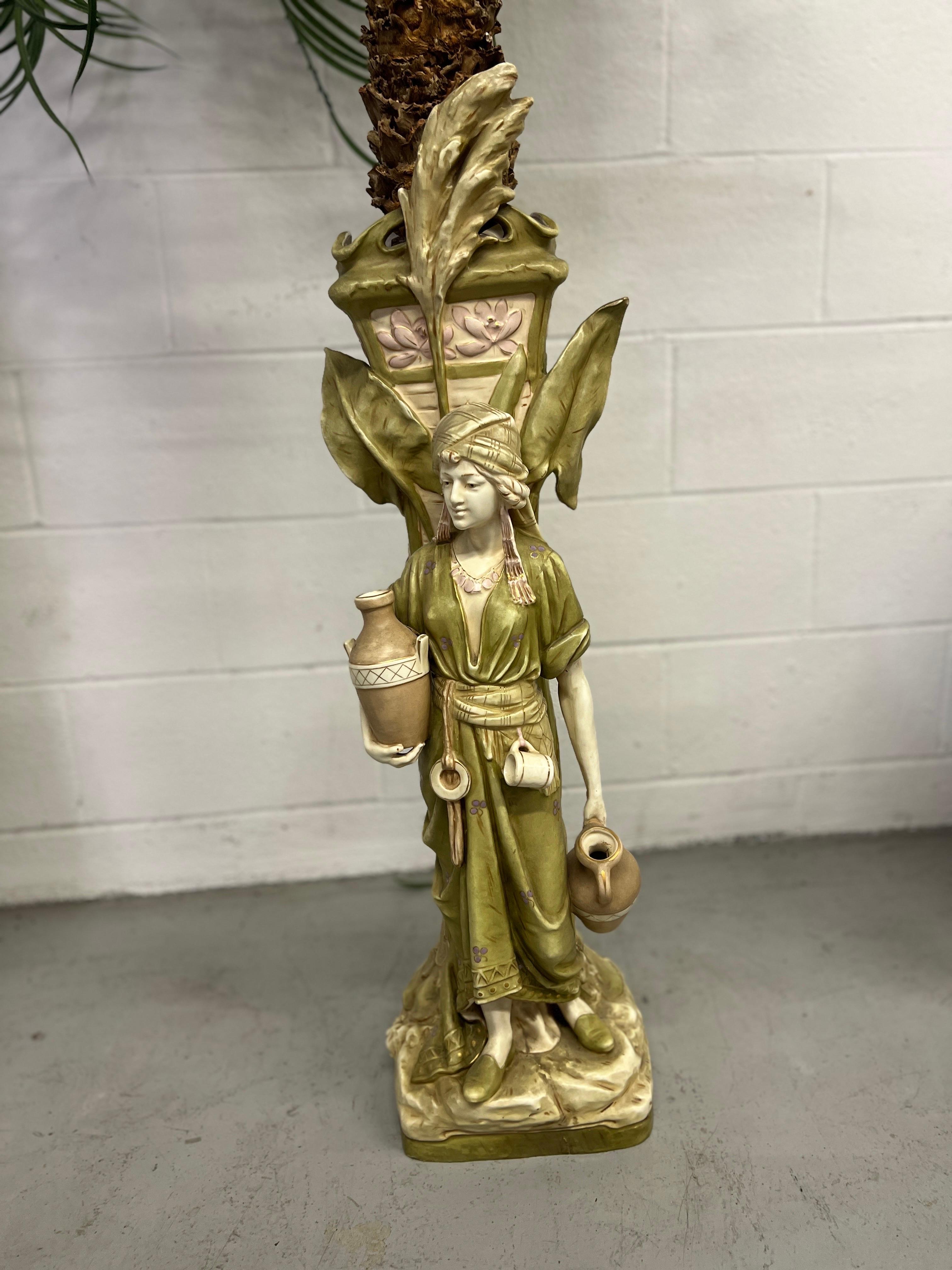 Monumental Pair, Antique Amphora Arabian Figural Jardinieres W/ Faux Palm Trees  In Good Condition For Sale In Atlanta, GA