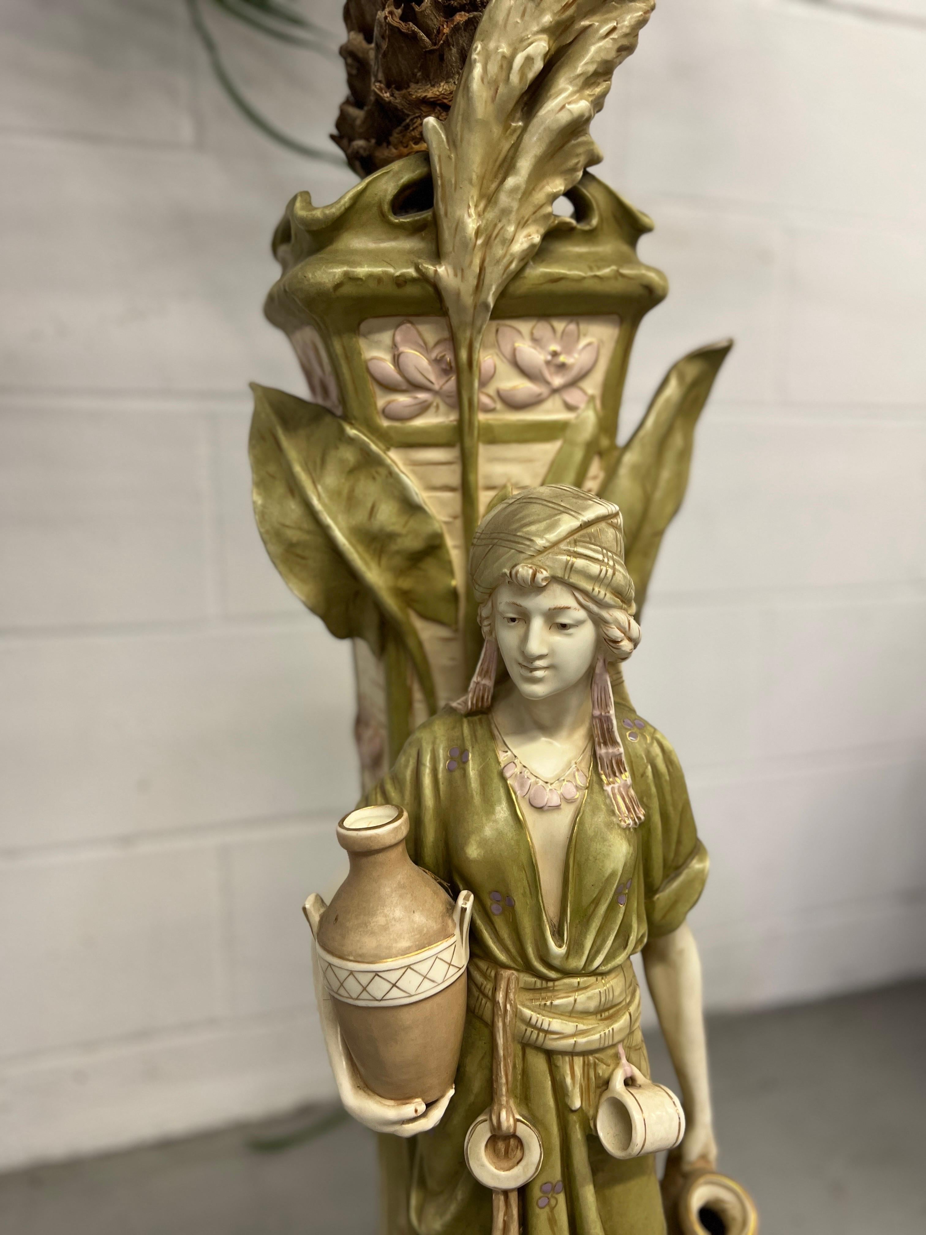 Monumental Pair, Antique Amphora Arabian Figural Jardinieres W/ Faux Palm Trees  For Sale 2