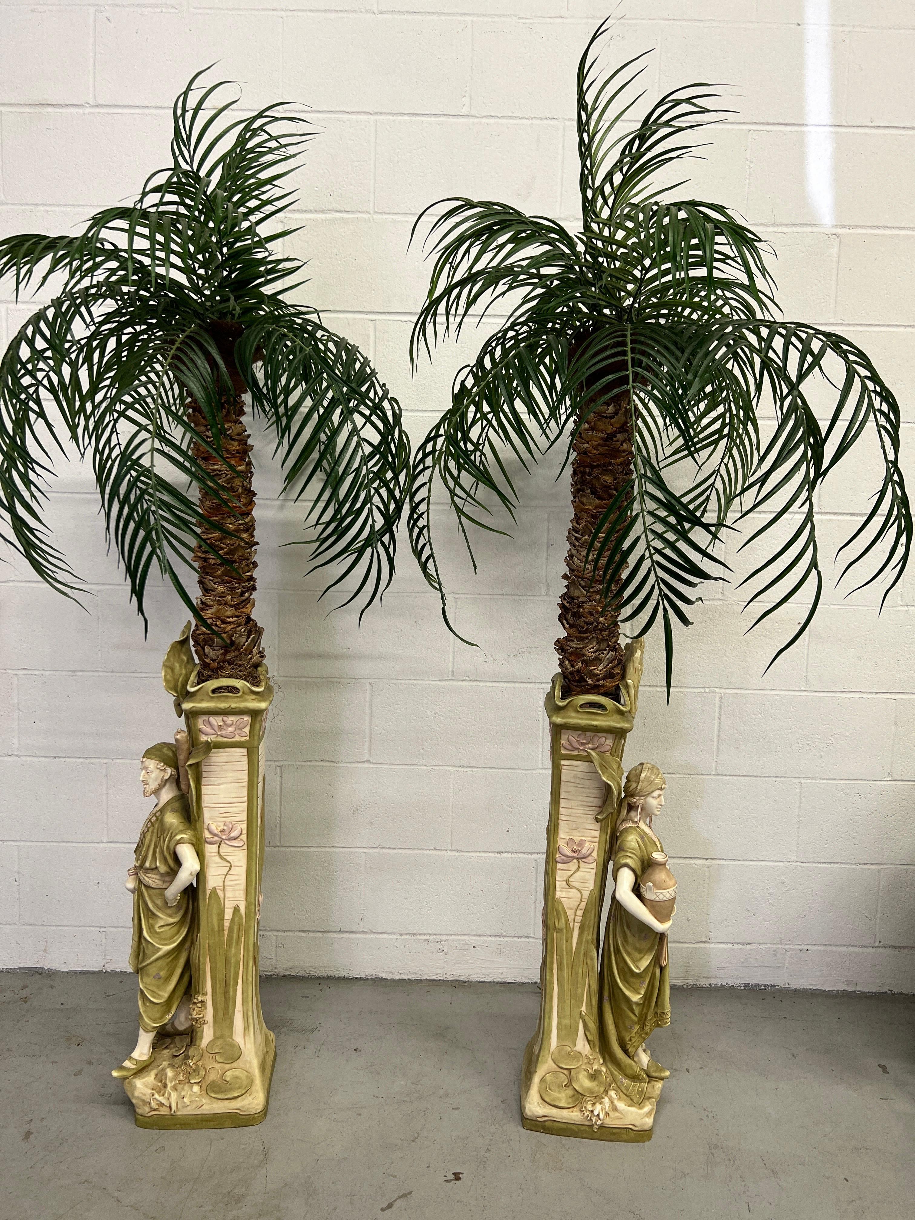 Monumental Pair, Antique Amphora Arabian Figural Jardinieres W/ Faux Palm Trees  For Sale 3