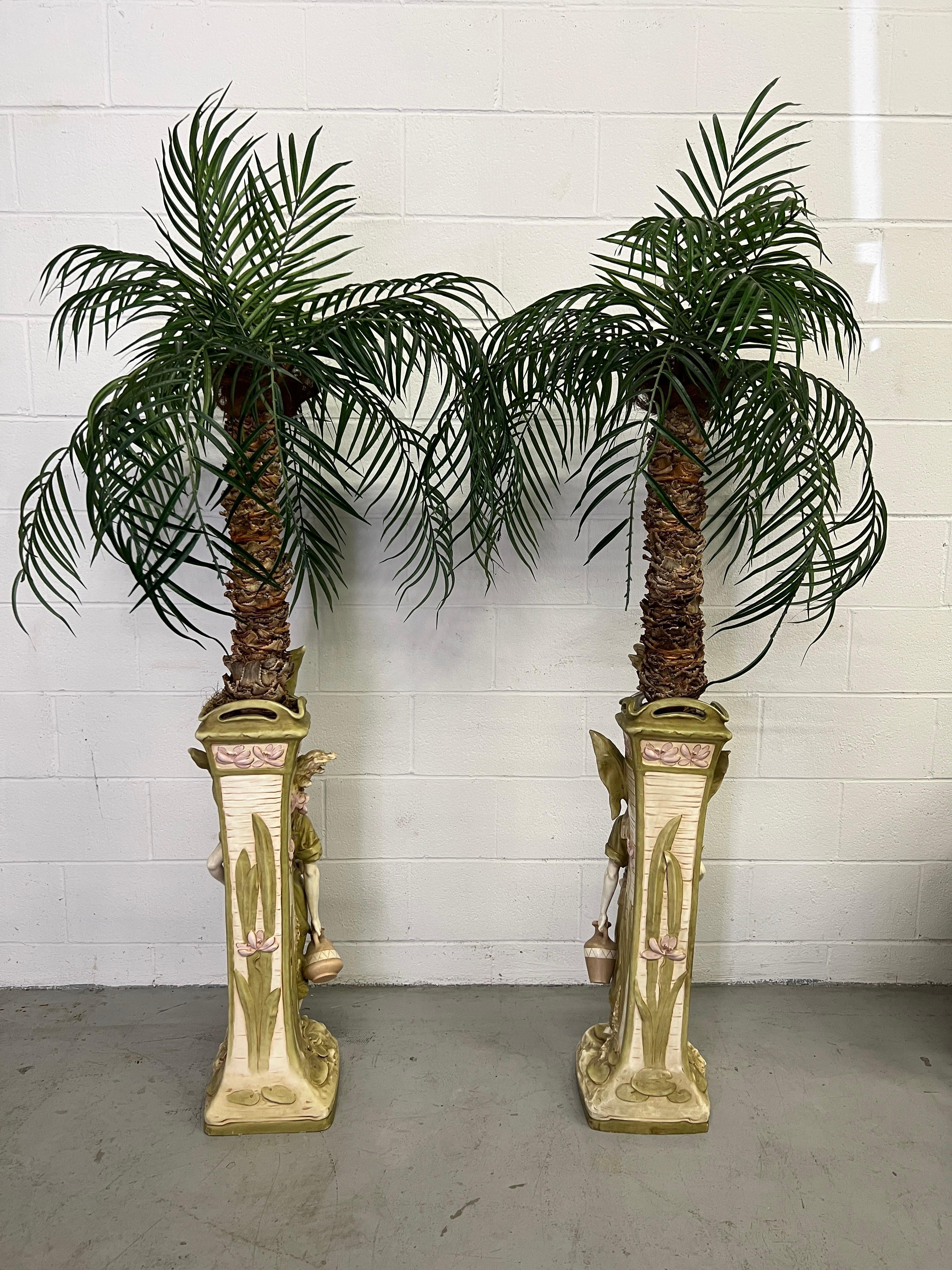 Monumental Pair, Antique Amphora Arabian Figural Jardinieres W/ Faux Palm Trees  For Sale 4