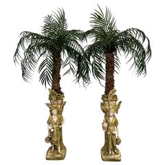Monumental Pair, Antique Amphora Arabian Figural Jardinieres W/ Faux Palm Trees
