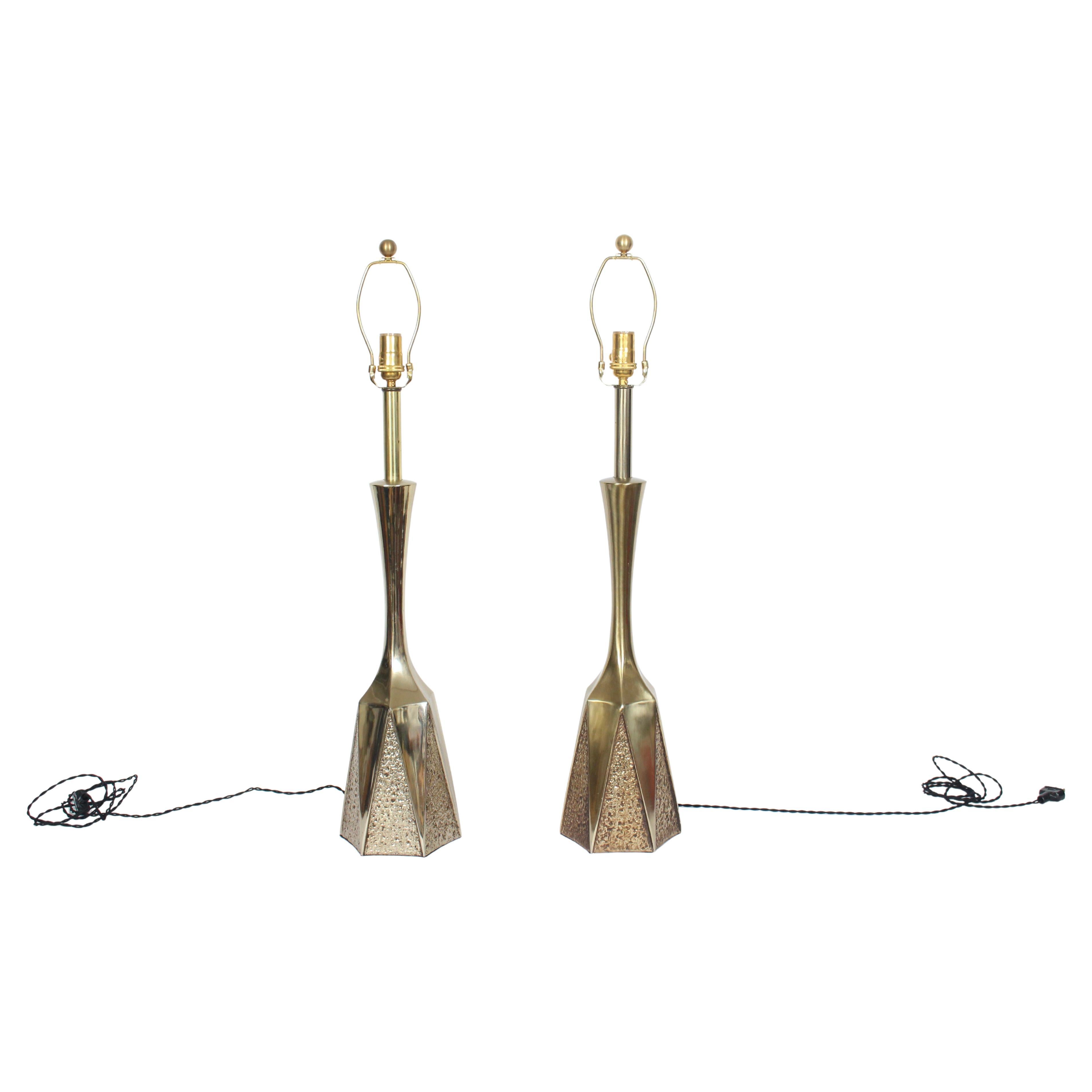 Monumental Pair Barr & Weiss for Laurel Lamp Co. Brutalist Brass Table Lamps