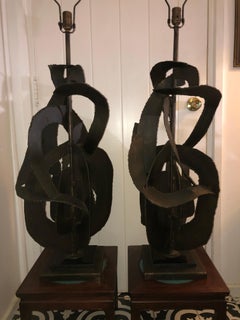 Monumental Pair Brutalist Torch Cut Steel Richard Barr Laurel Lamps Mid-Century