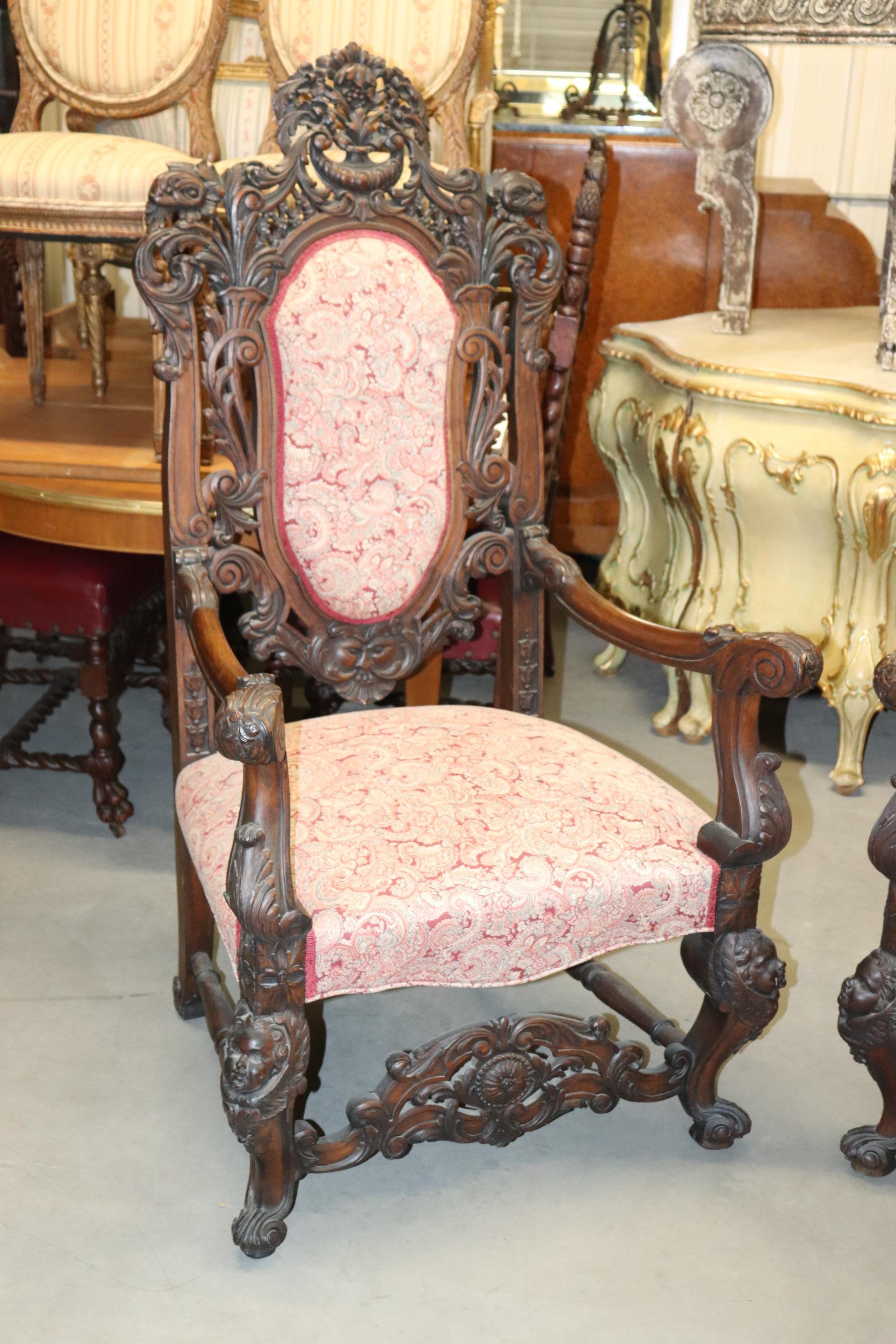 European Monumental Pair Carved Walnut Baroque Rococo Throne Chairs 