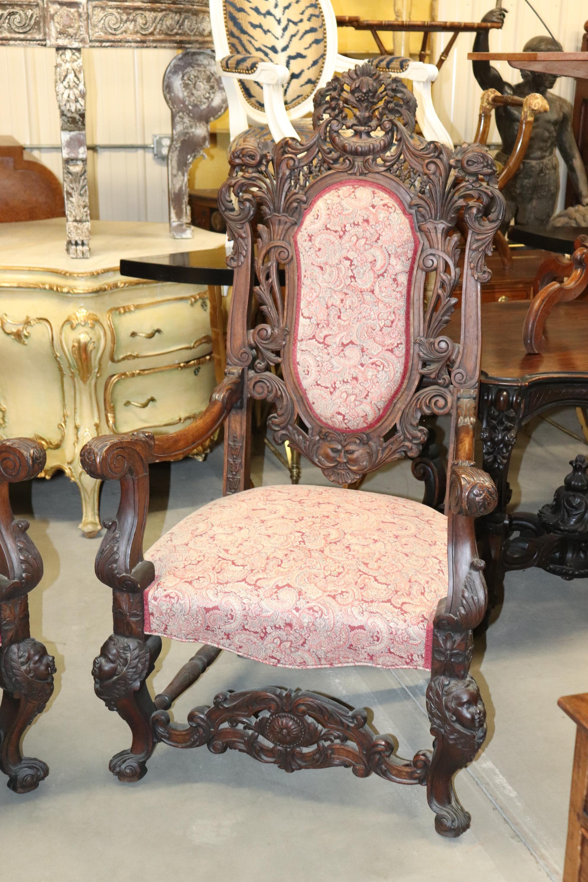 Monumental Pair Carved Walnut Baroque Rococo Throne Chairs  In Good Condition In Swedesboro, NJ