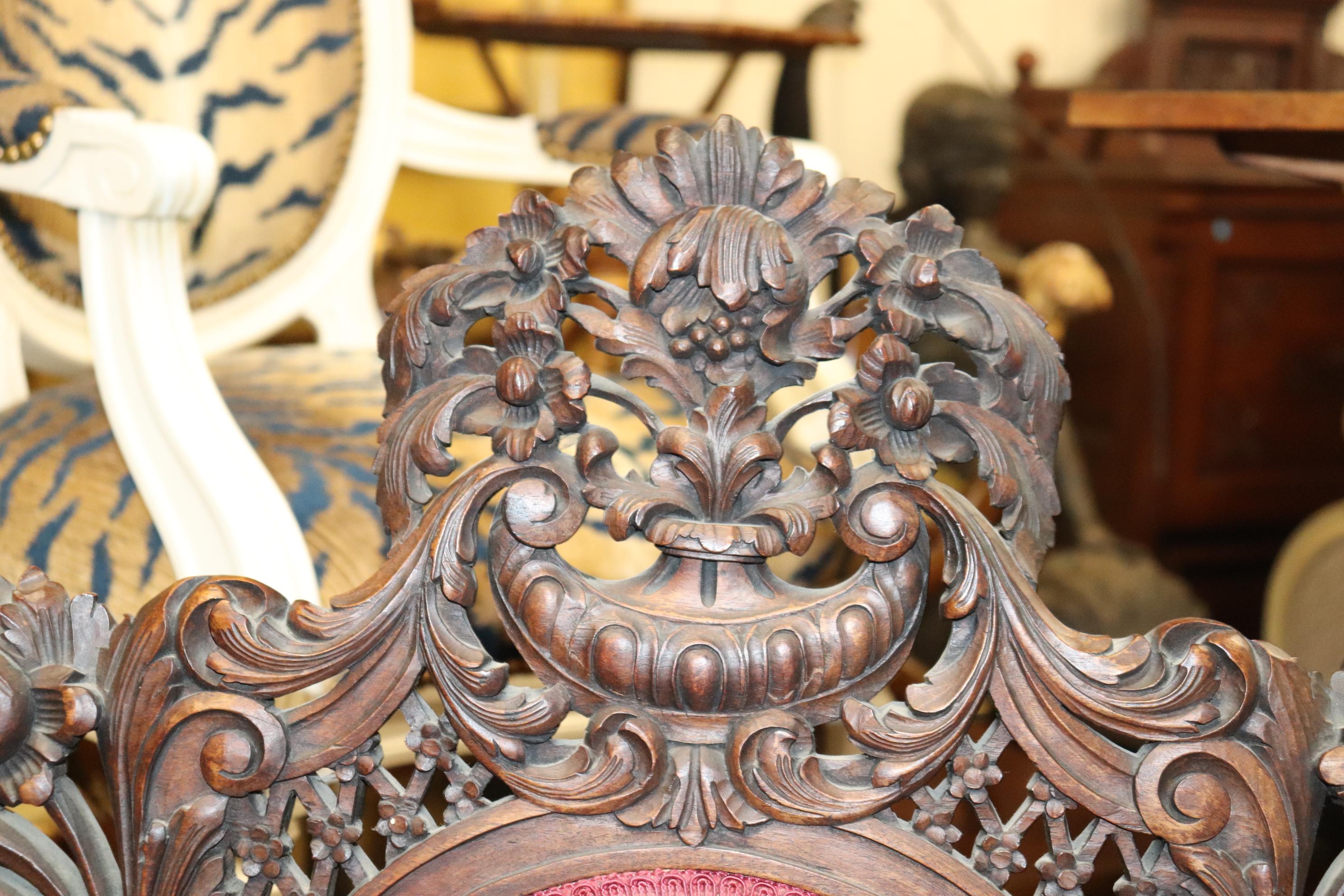 Late 19th Century Monumental Pair Carved Walnut Baroque Rococo Throne Chairs 