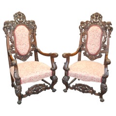 Monumental Pair Carved Walnut Baroque Rococo Throne Chairs
