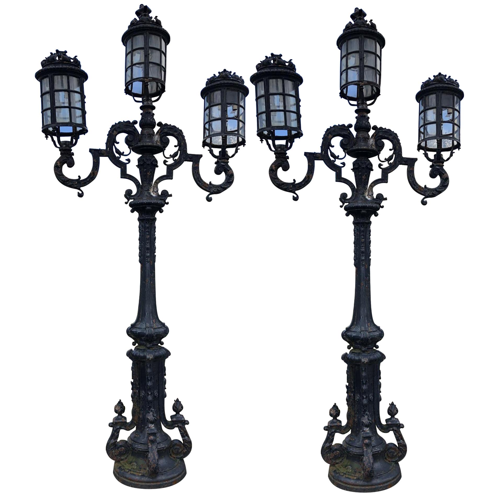 Monumental Pair of Cast Iron Italian Victorian Genuine Street Lamps