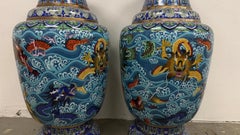 Monumental Pair Chinese Cloisonne Enamel Dragon Vases Amid Crashing Waves