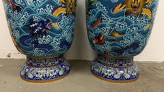 Monumental Pair Chinese Cloisonne Enamel Dragon Vases Amid Crashing Waves