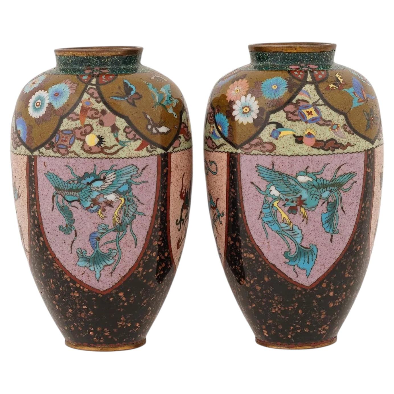 Pair Of Japanese Cloisonne Enamel Pink & Purple Vases Phoenix Dragon Goldstone For Sale