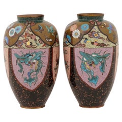 Pair Of Japanese Cloisonne Enamel Pink & Purple Vases Phoenix Dragon Goldstone