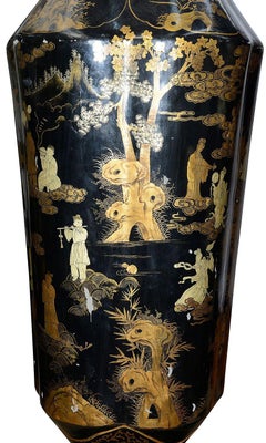Monumental pair Chinese export, Chinoiserie lacquer Temple vases, 86"