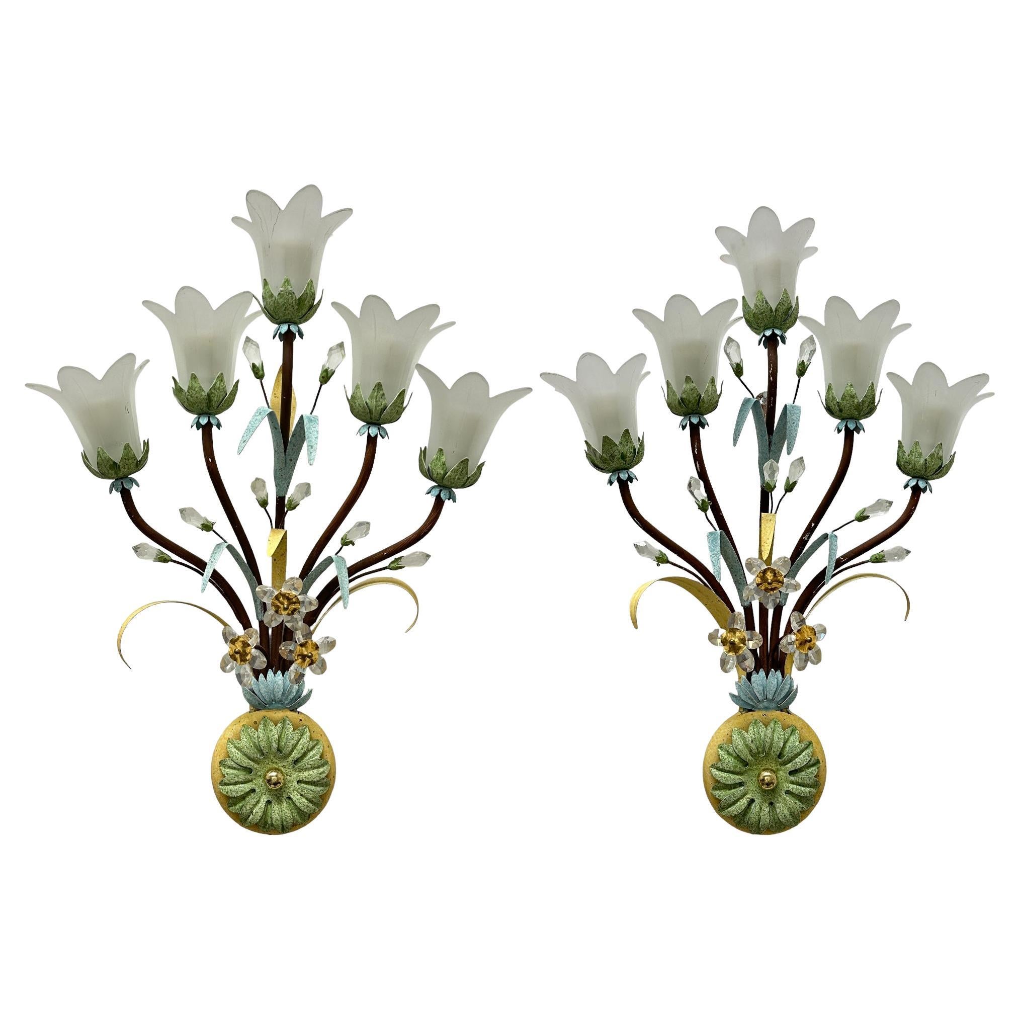 Monumental Pair Florentine Italian Crystal Flower Wall Sconces by Banci, Italy For Sale