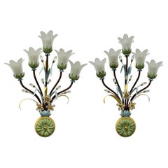Monumental Pair Florentine Italian Crystal Flower Wall Sconces by Banci, Italy