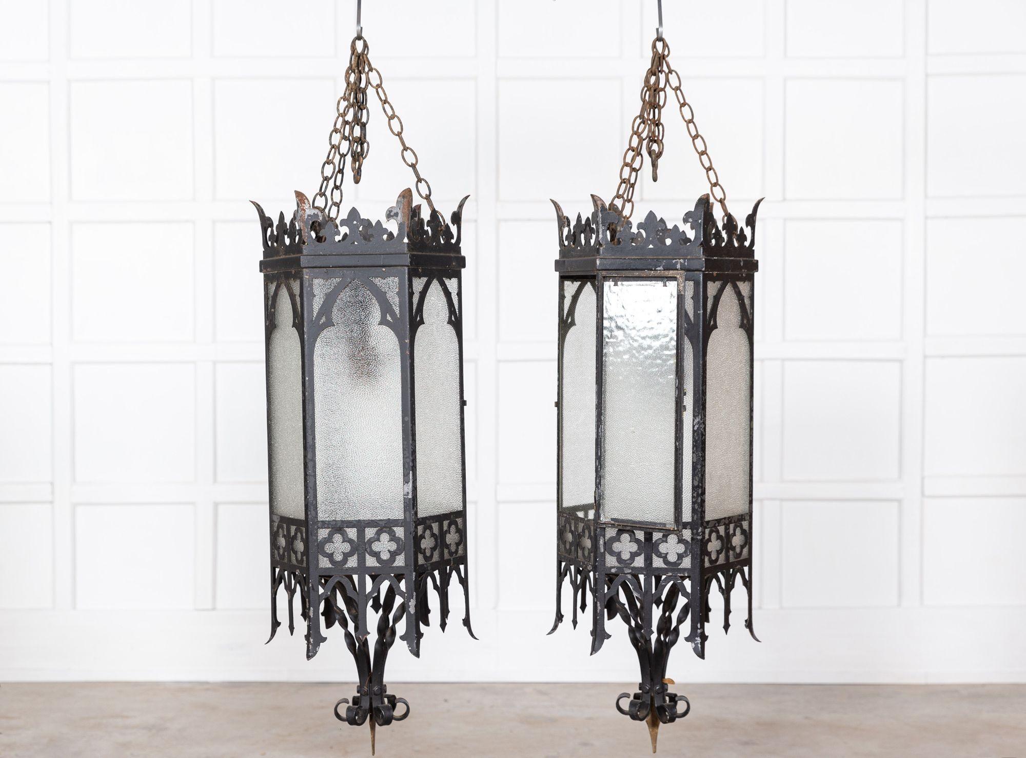 circa 1900
Monumental Pair Gothic Revival Church Lanterns
Provenance: Church Manchester England
New wiring and original hanging chains.
Price is for the pair
sku 1371
W31 x D31 x H98 cm