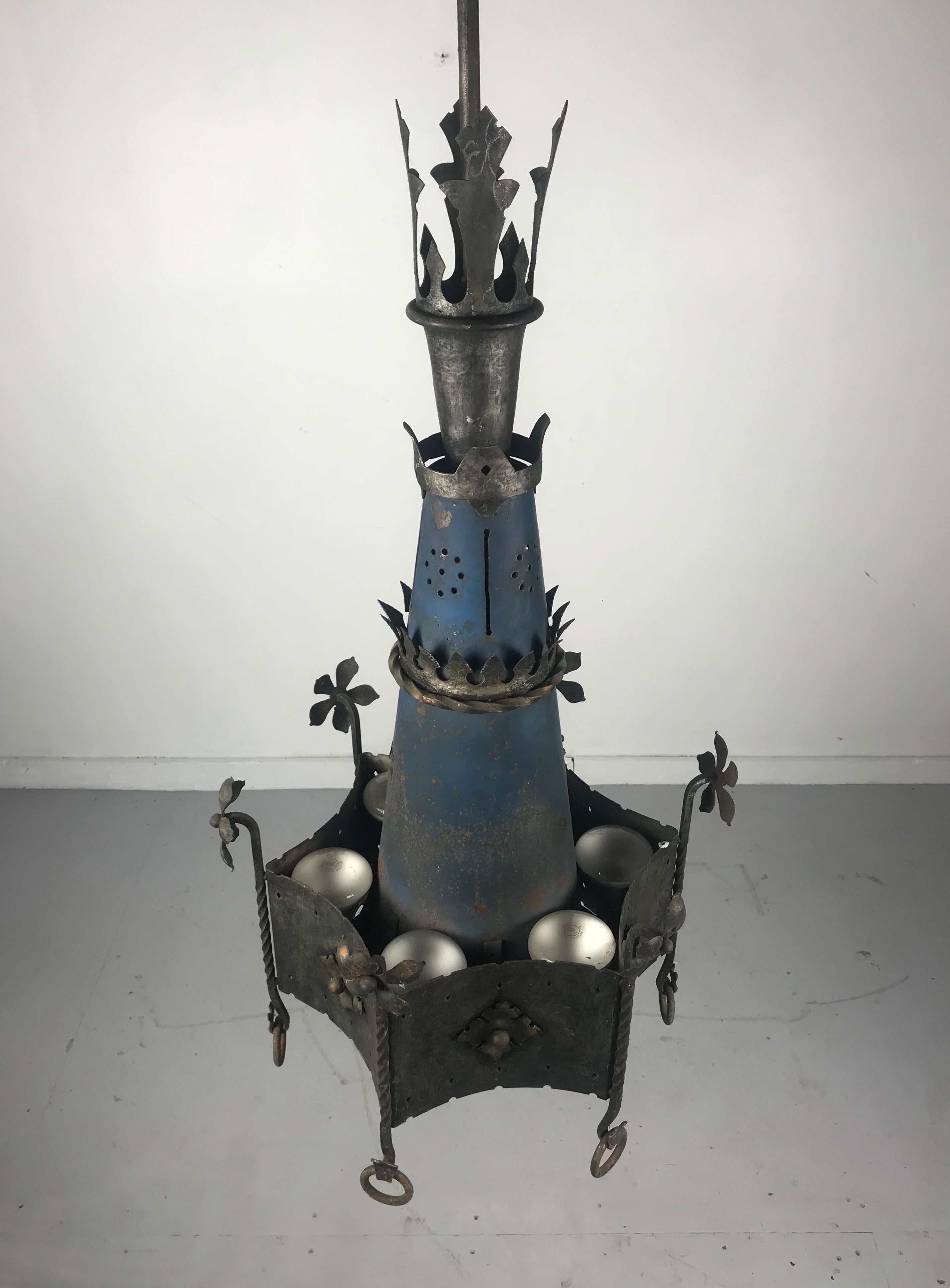 Monumental pair of Gothic Revival hanging chandelier light fixtures / church lighting, Purportedly salvaged from St Pauls Cathedral, Buffalo NY, originally designed and erected by Richard Upjohn, British born American Architect who became most