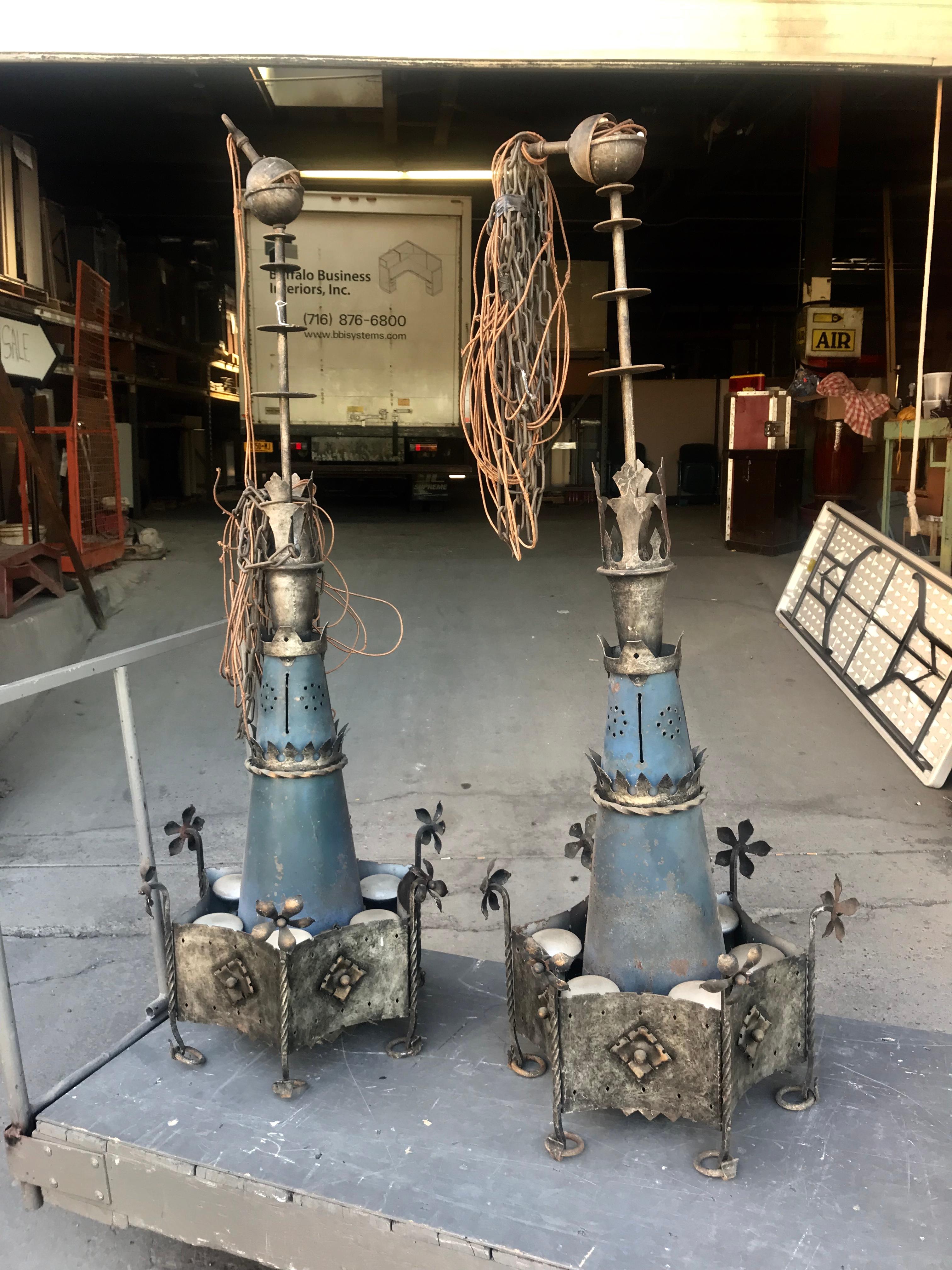 Monumental Pair of Gothic Revival Hanging Chandelier Light Fixtures / Church In Good Condition For Sale In Buffalo, NY