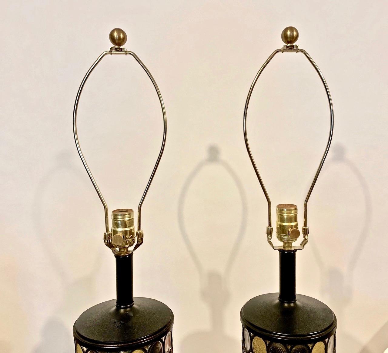 Enameled Monumental Pair of Higgins Glass Style Fused Glass Table Lamps, 1950s