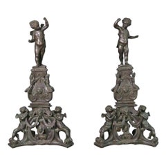 Monumental Pair Italian Bronze Cherub Satyrs Jenny Lind Figure Andirion, C1900