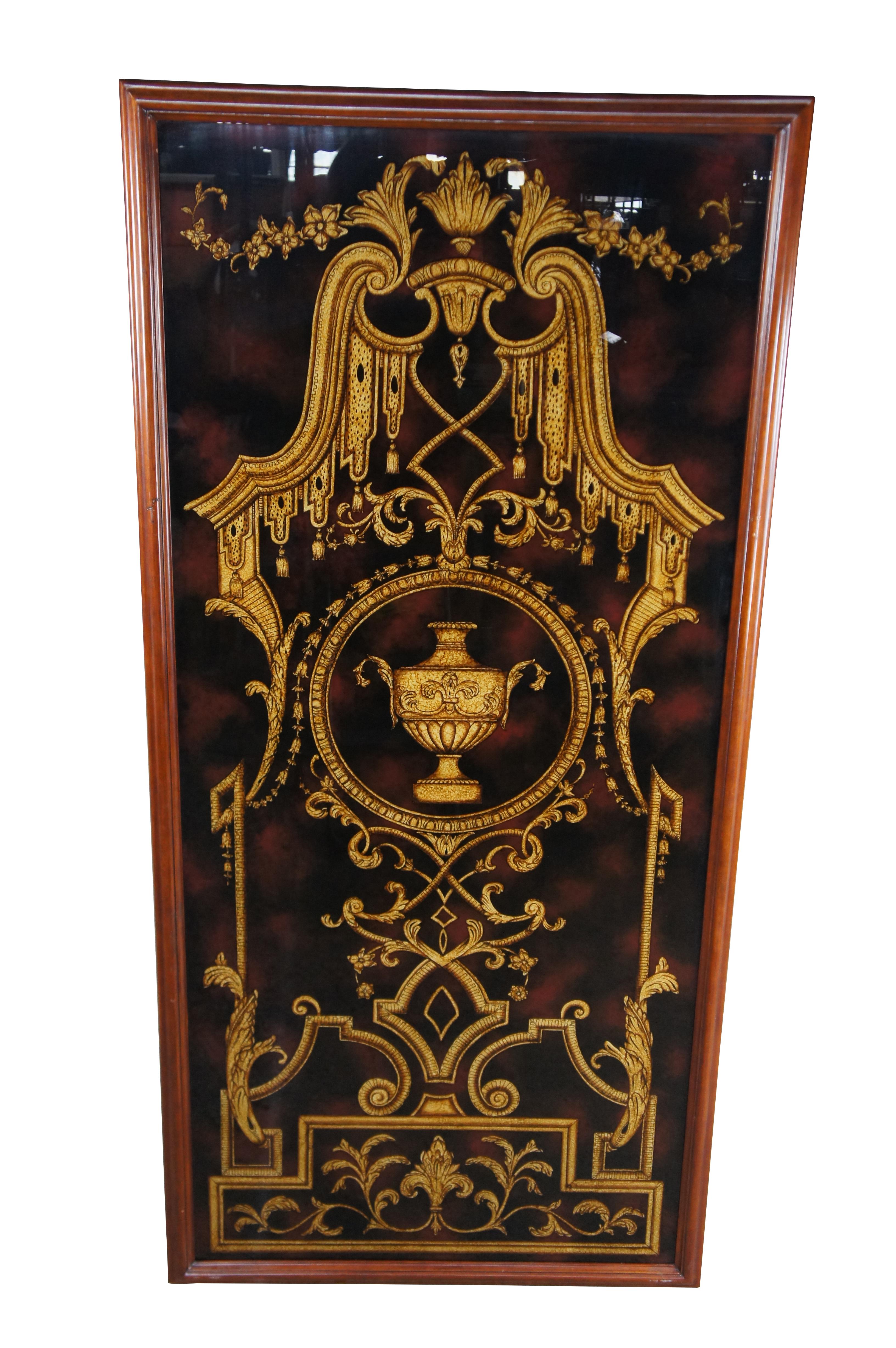 A very large and impressive vintage pair of Maitland Smith hand painted art panels featuring a French Neoclassical / Renaissance eglomise style motif with central trophy urns surrounded by floral acanthus and tassel design.  Set in large rectangular
