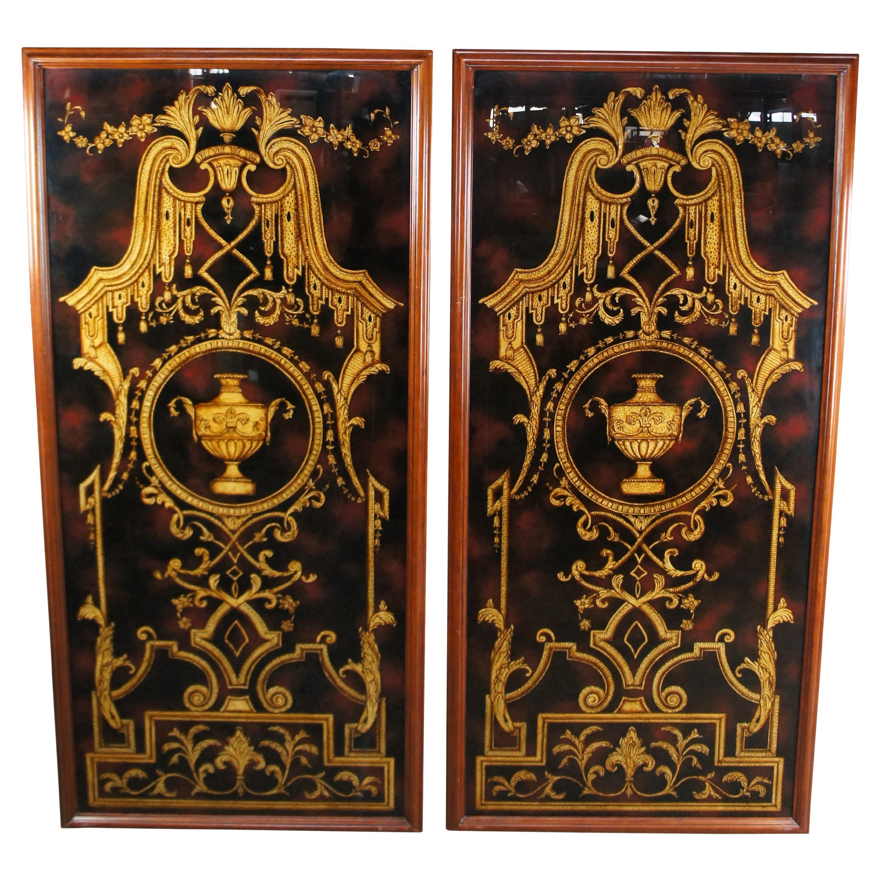 Monumental Pair Maitland Smith Hand Painted Neoclassical Eglomise Art Panels 80"