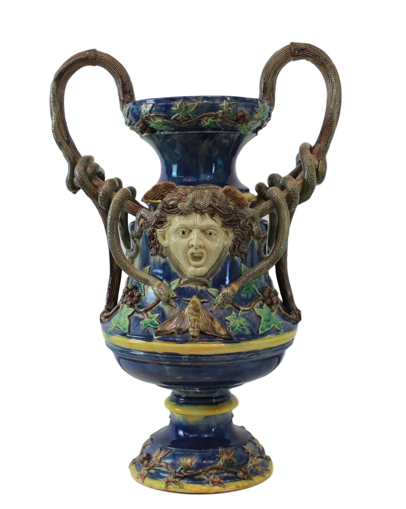 Monumental Pair Majolica Palissy Blue Medusa Vases, Snakes, School of Paris 1870 1