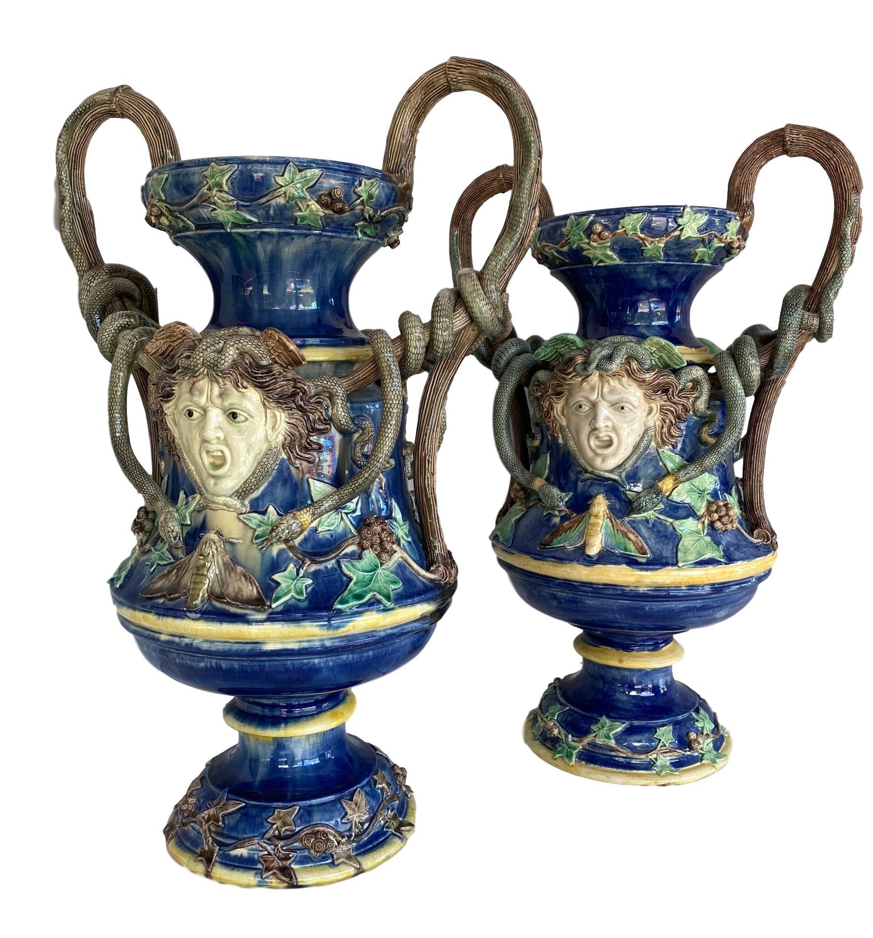 Victorian Monumental Pair Majolica Palissy Blue Medusa Vases, Snakes, School of Paris 1870