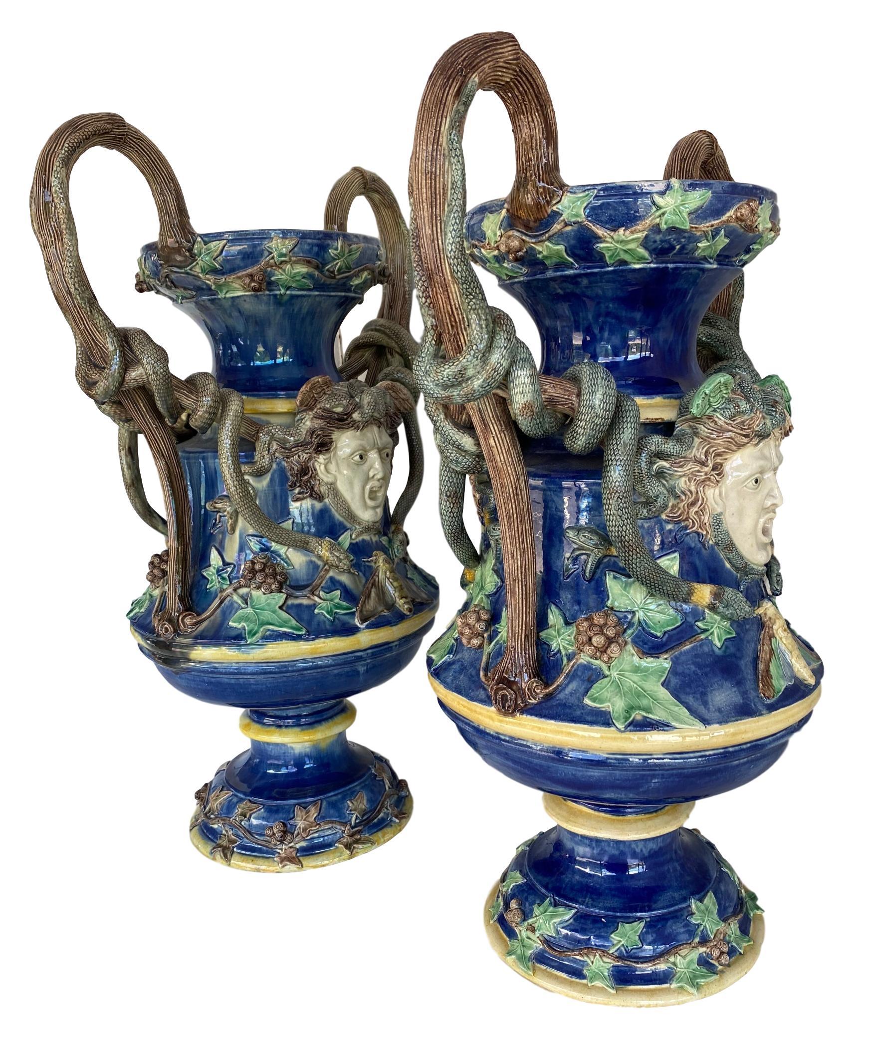 French Monumental Pair Majolica Palissy Blue Medusa Vases, Snakes, School of Paris 1870
