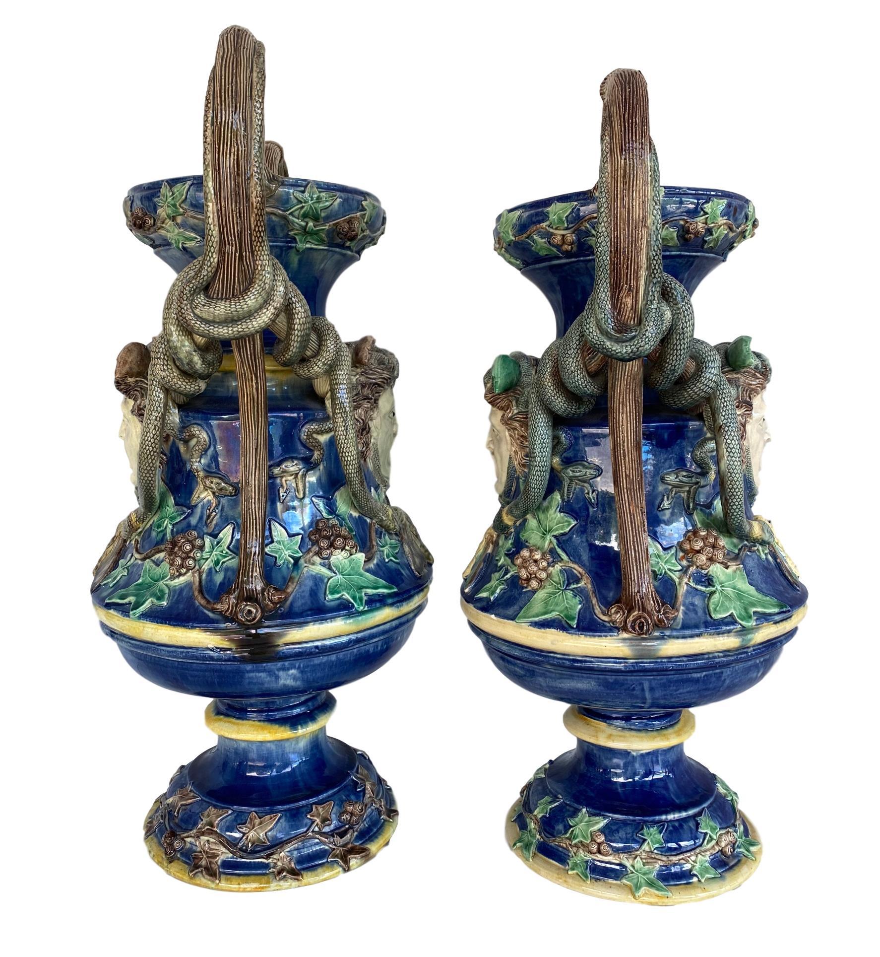 Monumental Pair Majolica Palissy Blue Medusa Vases, Snakes, School of Paris 1870 In Good Condition In Banner Elk, NC