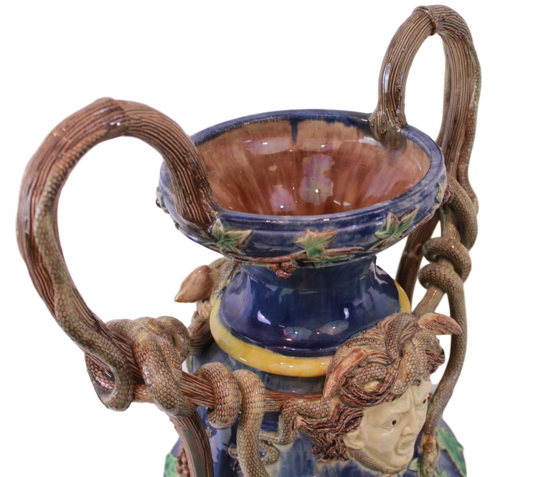 Late 19th Century Monumental Pair Majolica Palissy Blue Medusa Vases, Snakes, School of Paris 1870