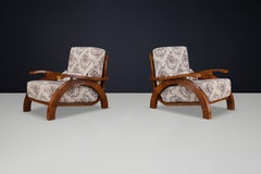Monumental Pair of 1930s Czech Art Deco Lounge Chairs in Walnut.
