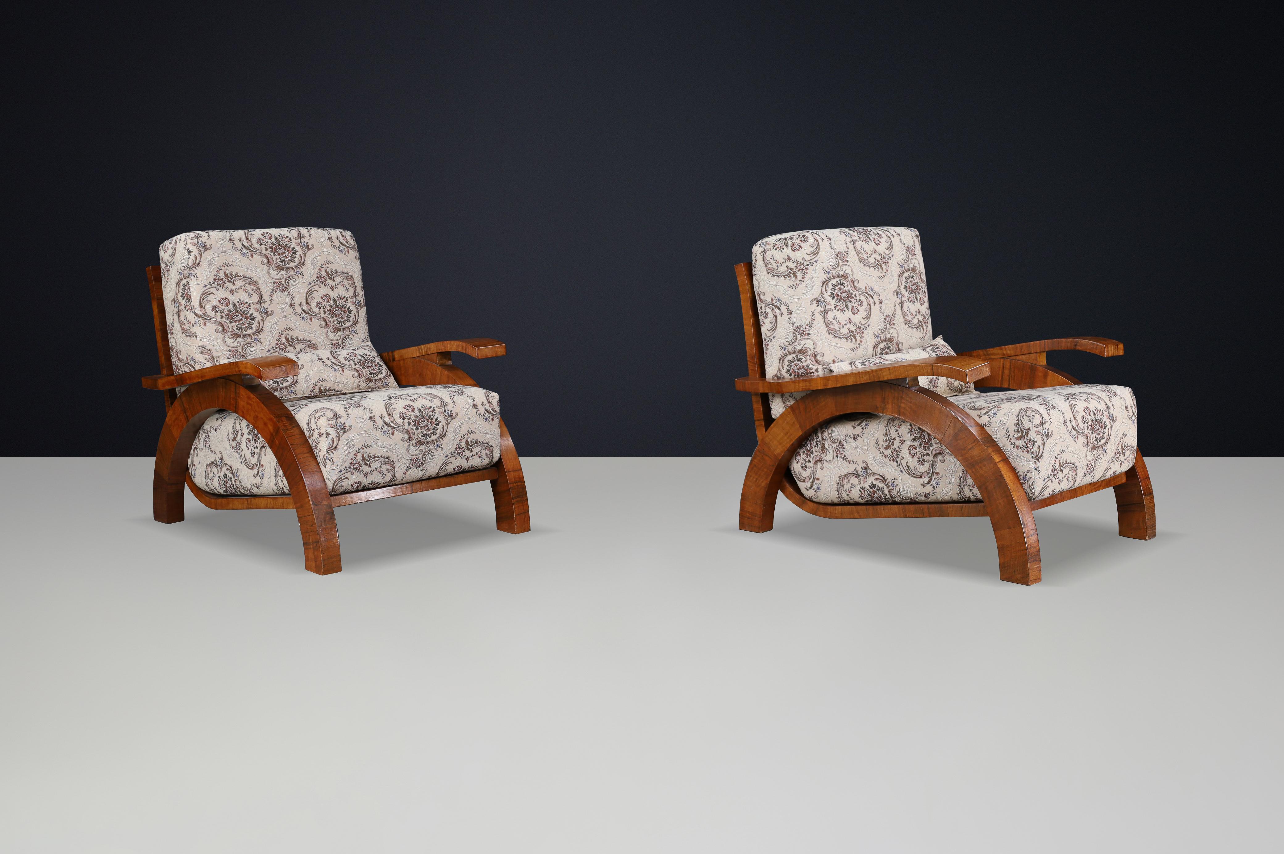 Upholstery Monumental Pair of 1930s Czech Art Deco Lounge Chairs in Walnut. For Sale