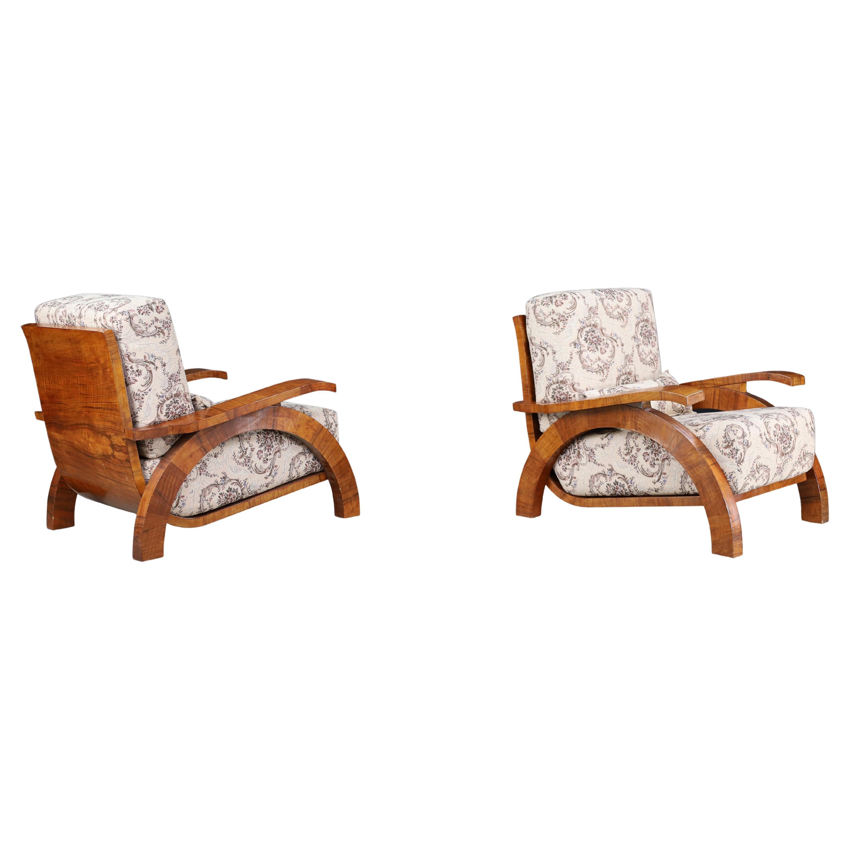 Monumental Pair of 1930s Czech Art Deco Lounge Chairs in Walnut.