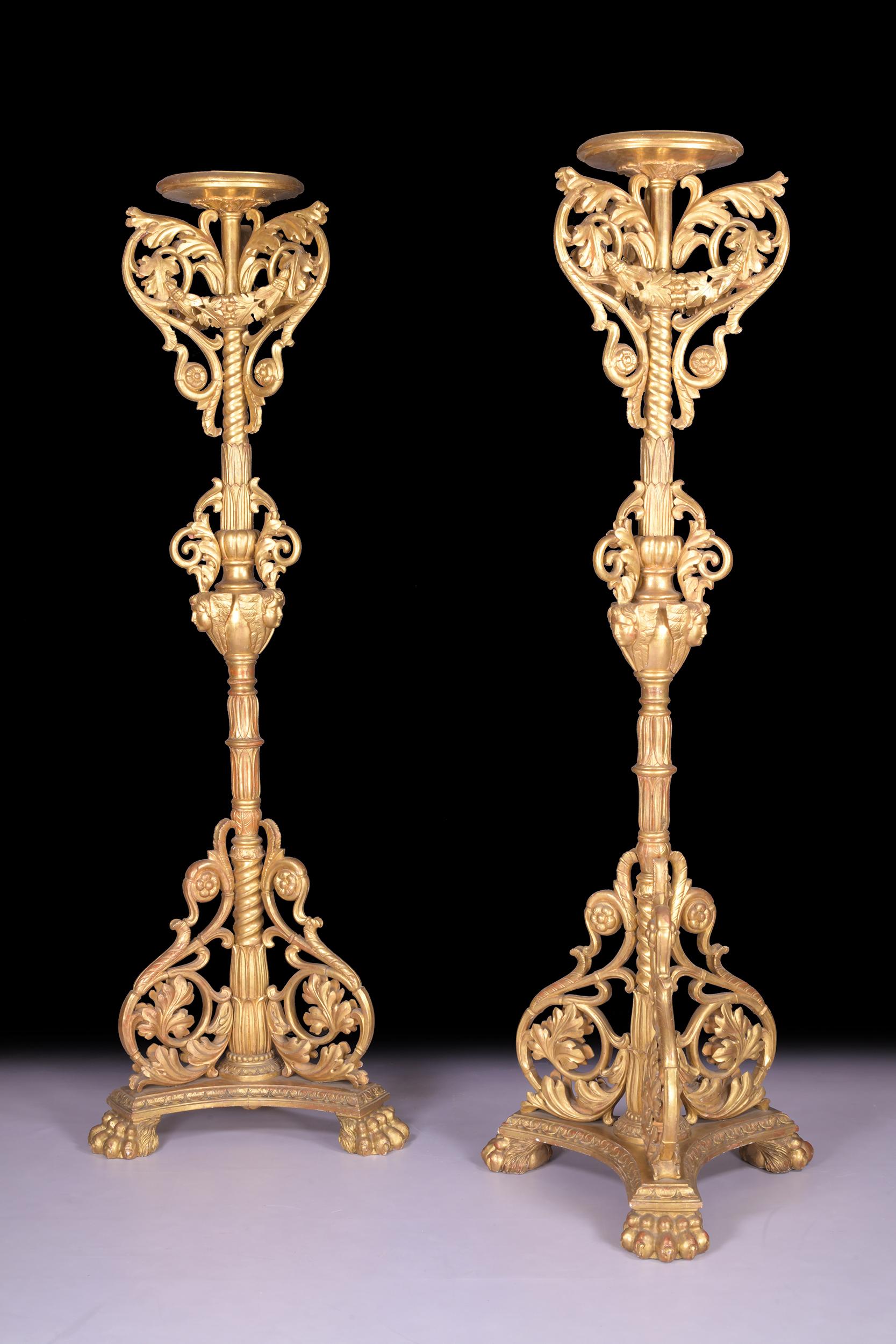 Une magnifique paire monumentale de flambeaux en bois doré sculpté de style baroque italien, chacun comprenant un sommet circulaire en forme de cuvette au-dessus d'un pilier finement sculpté de guirlandes florales et de masques de gargouilles se