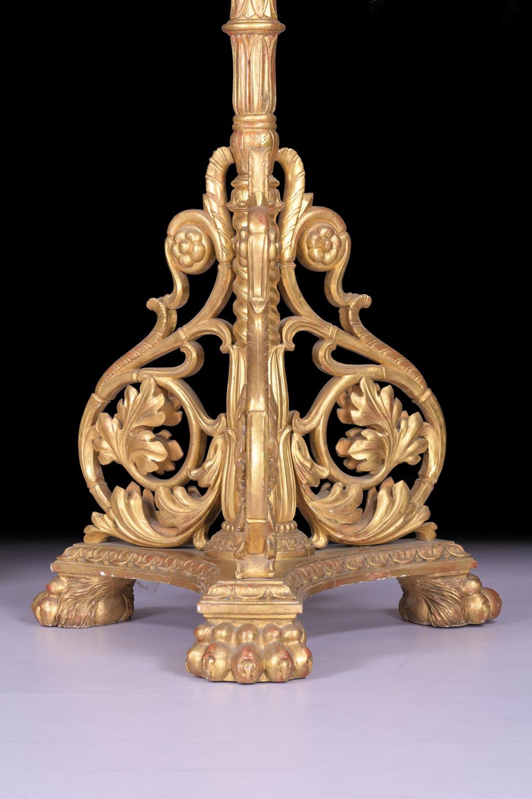 Hand-Carved Monumental Pair of 19th Century Baroque Style Italian Carved Giltwood Torcheres For Sale