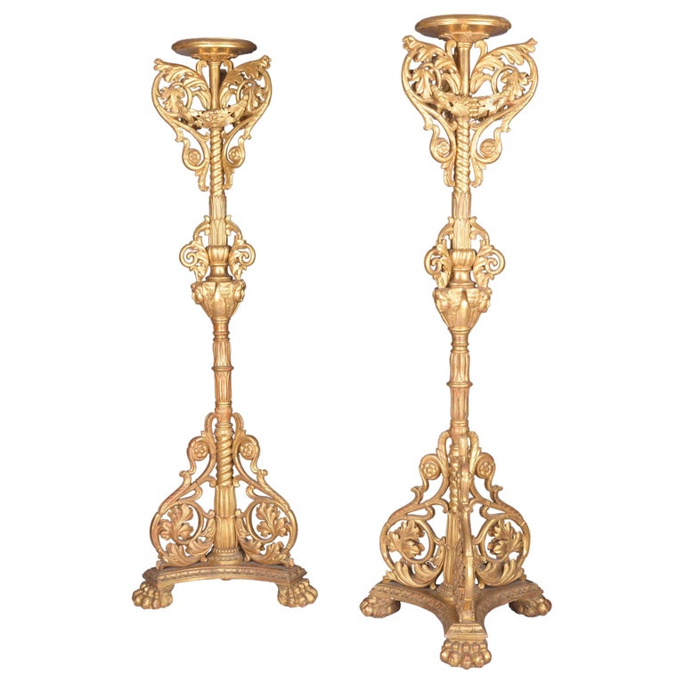 Monumental Pair of 19th Century Baroque Style Italian Carved Giltwood Torcheres For Sale