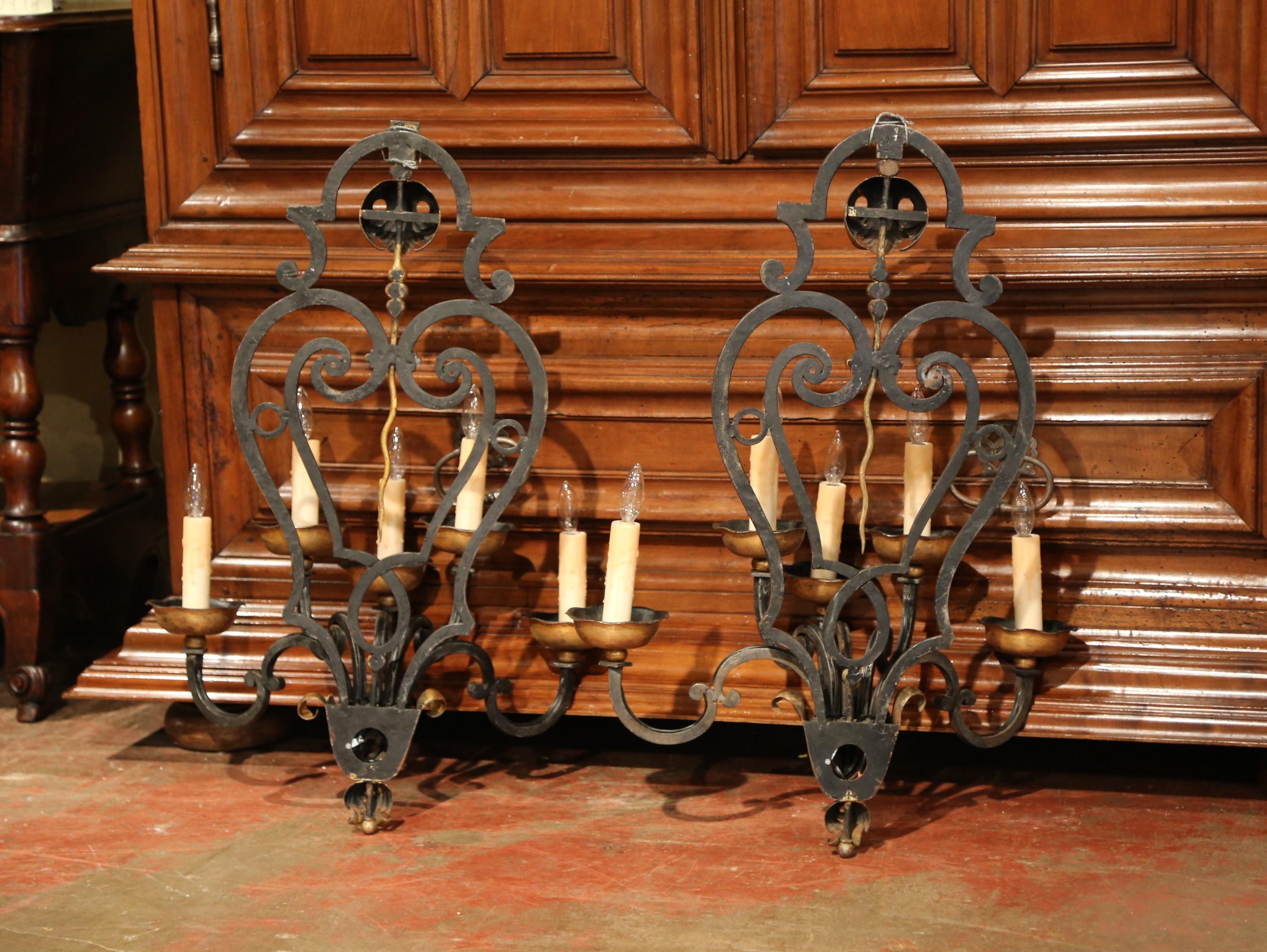 Pair of 19th Century French Louis XV Forged Iron Five-Light Wall Sconces 5