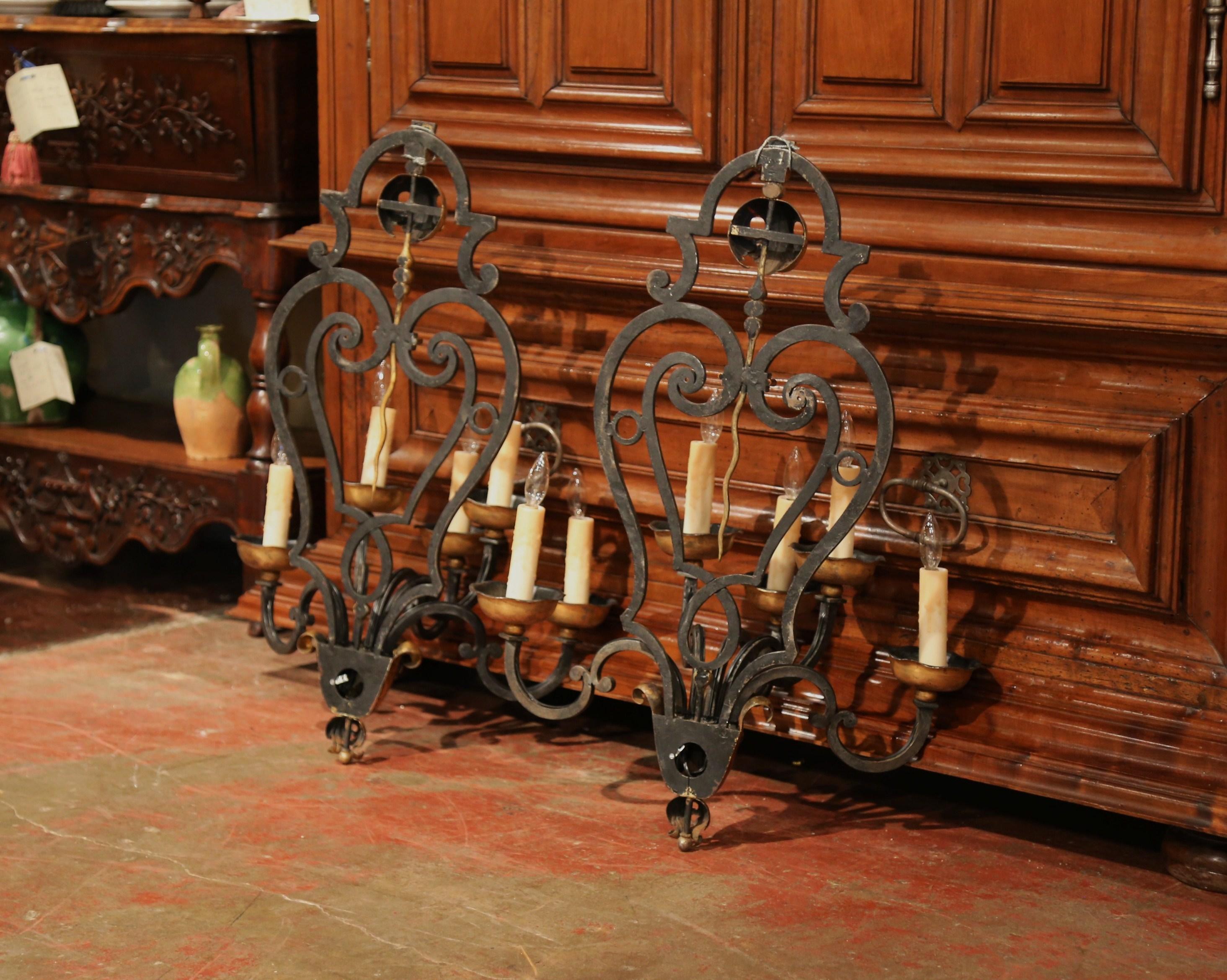 Pair of 19th Century French Louis XV Forged Iron Five-Light Wall Sconces 6