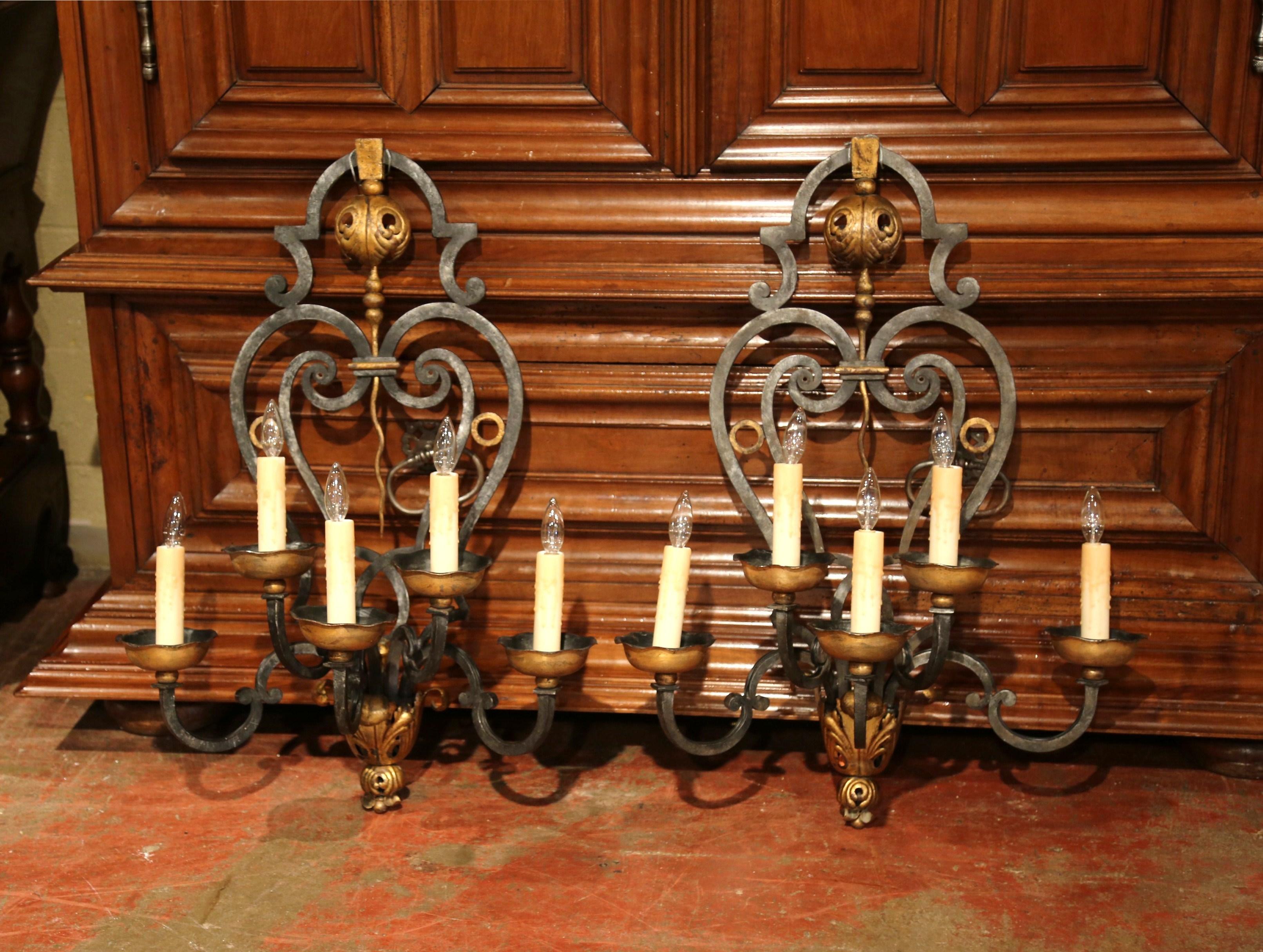 Wrought Iron Pair of 19th Century French Louis XV Forged Iron Five-Light Wall Sconces