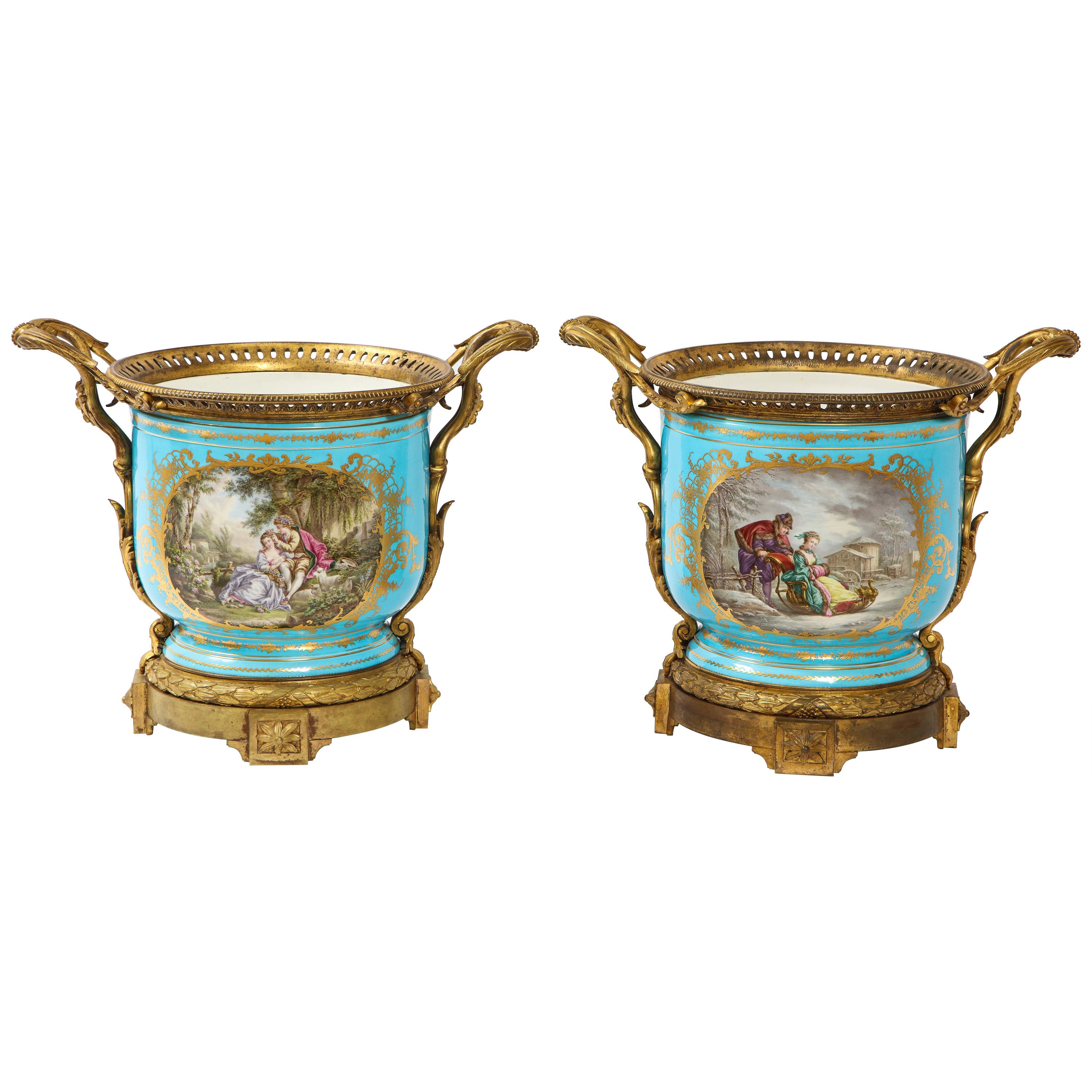 Monumental Pair of 19th Century French Sèvres Celeste Blue Porcelain Cachepots For Sale