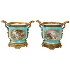 Antique Monumental Pair of 19th Century French Sèvres Celeste Blue Porcelain Cachepots