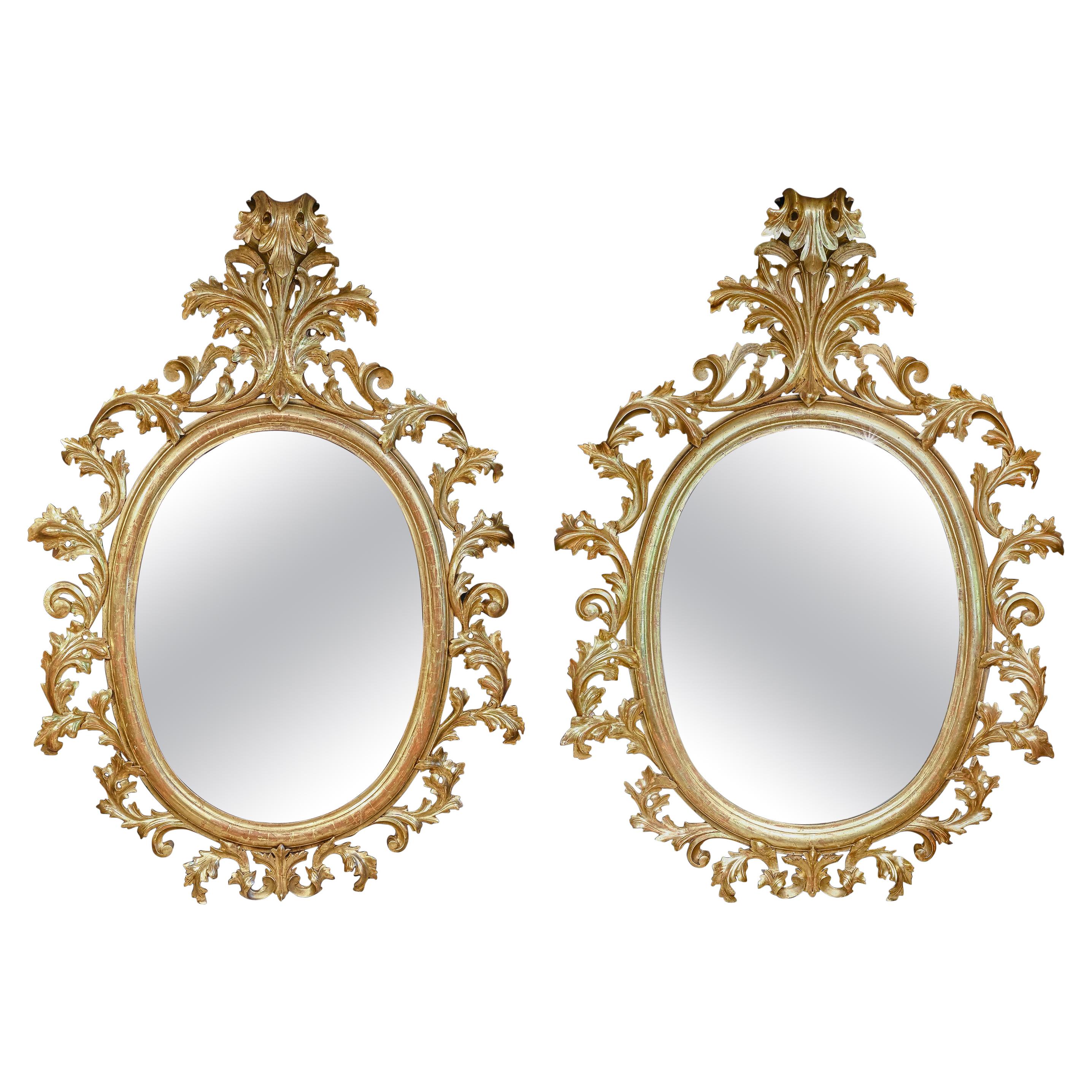 Monumental Pair of 19th Century Oval Florentine Carved Giltwood Mirrors