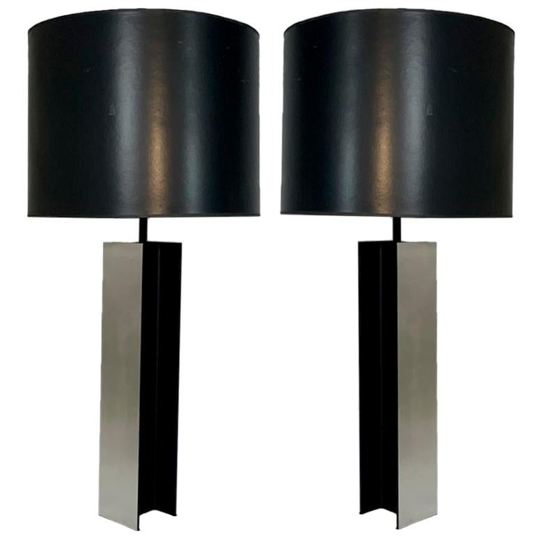 Monumental Pair of Aluminum I Beam Lamps by Laurel Lamp Company Original Shades