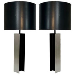 Monumental Pair of Aluminum I Beam Lamps by Laurel Lamp Company Original Shades